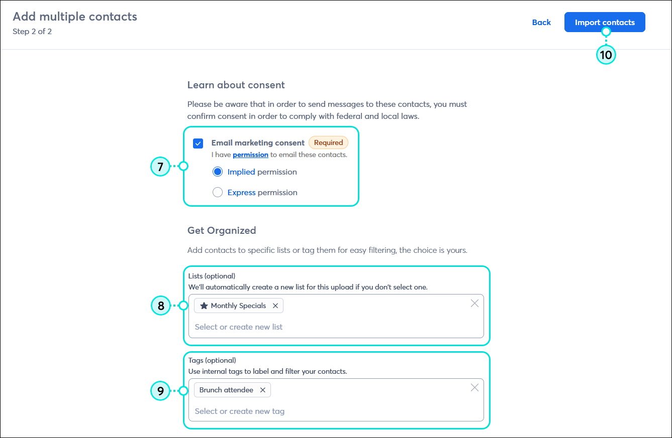 Add multiple contacts page with Email marketing consent options with advanced email permissions enabled, Lists options, Tag options, and Import contacts button
