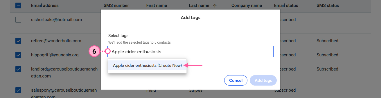 Ventana superpuesta de Add tags (Agregar etiquetas), campo Select tags (Seleccionar etiquetas) con el nombre de la etiqueta nueva y las opciones de etiqueta del menú desplegable con la opción Create New (Crear nueva) disponible