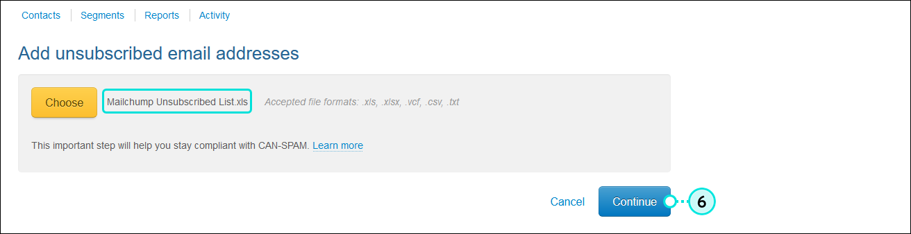 Add unsubscribed email addresses page with file selected and Continue button