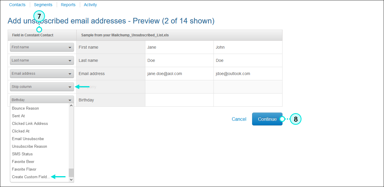 Add unsubscribed email addresses Preview page, fields in Constant Contact heading options with Skip column option selected and Create Custom Field option, and Continue button