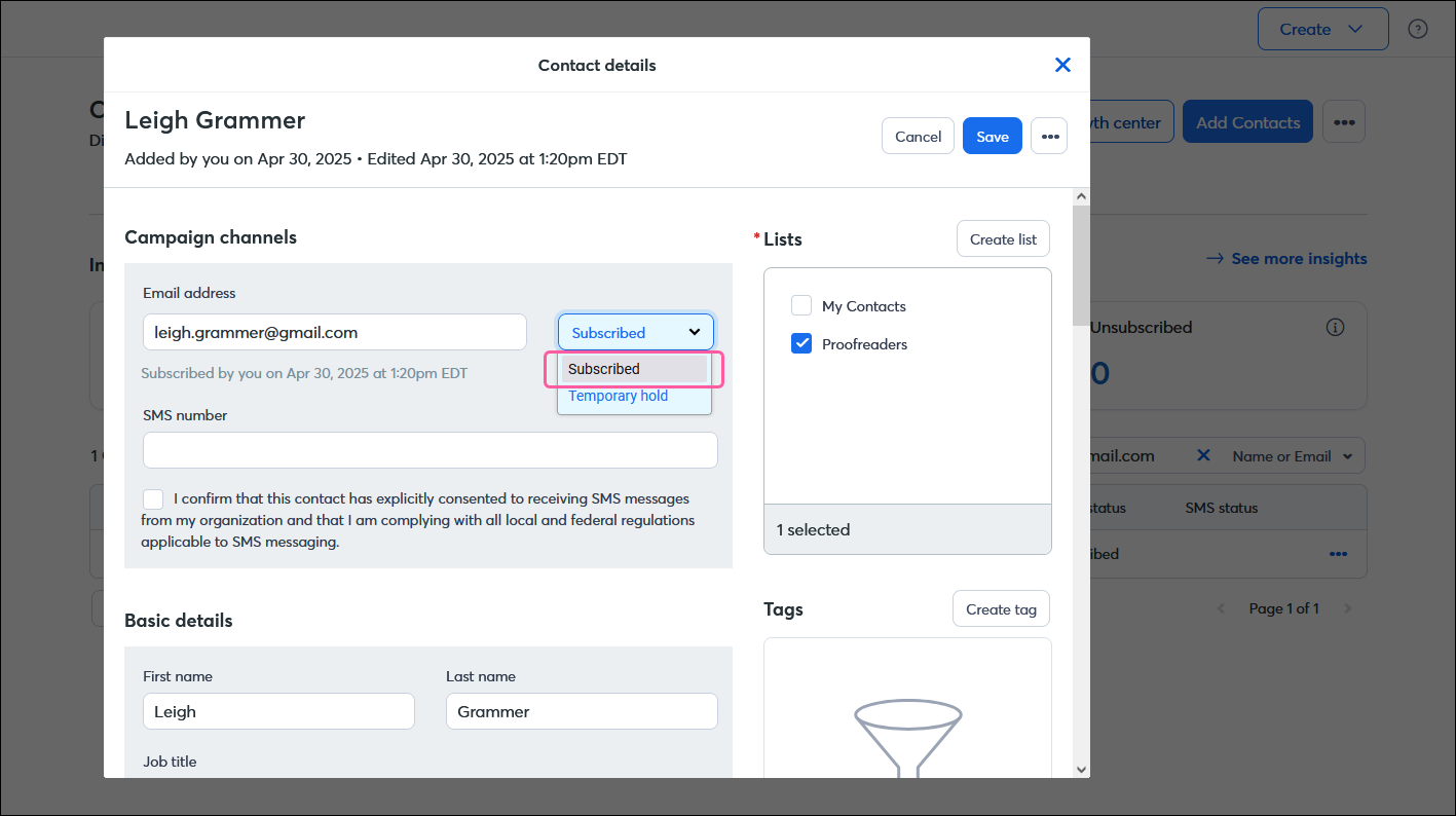 Contact record Campaign channels section with subscribed option without advanced email permissions enabled