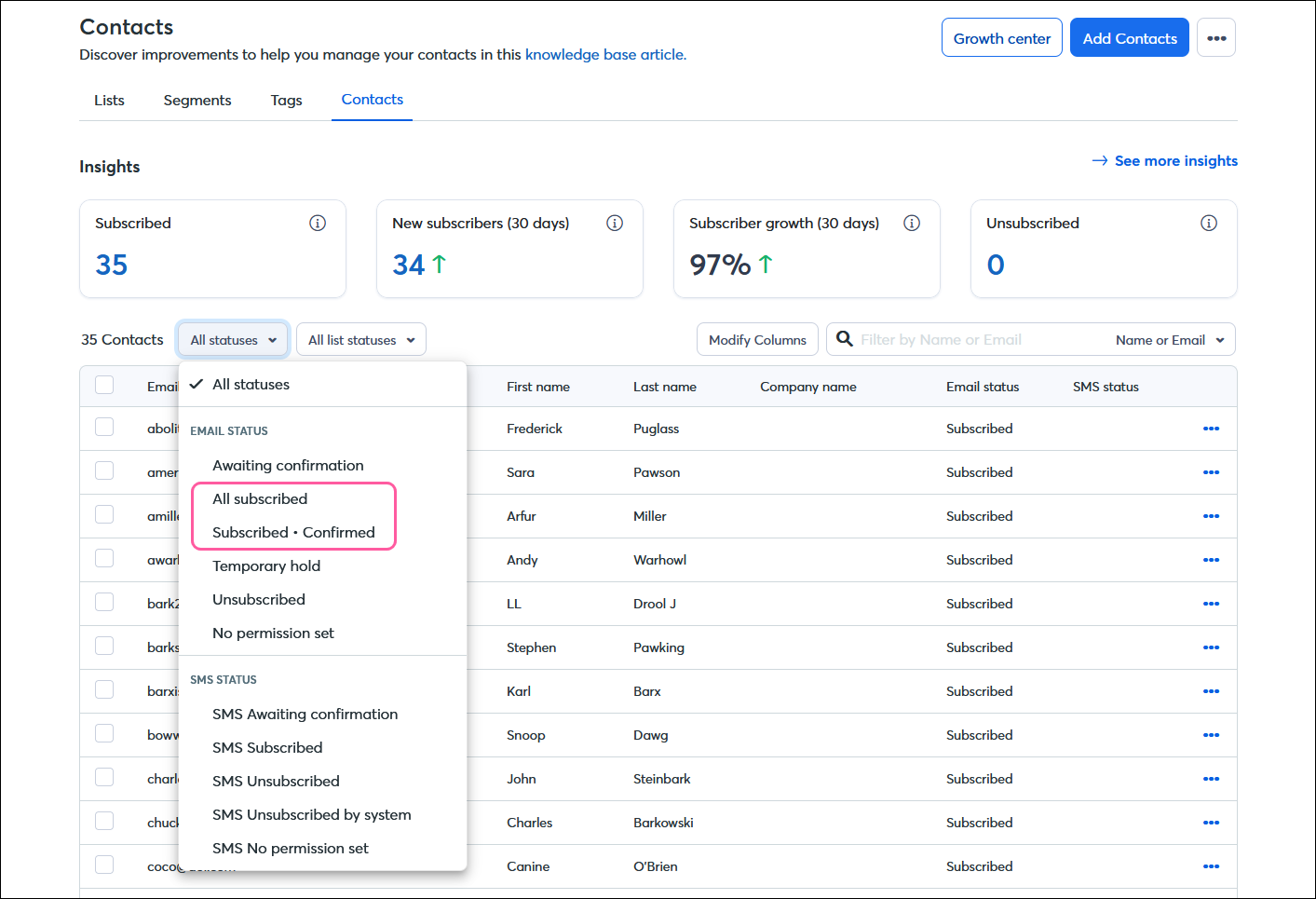 List view with All status menu expanded without advanced email permissions enabled