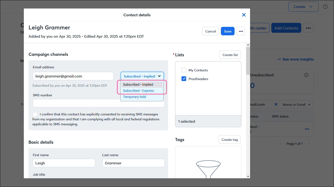 Contact record Campaign channels section with subscribed Implied and Subscribed Express advanced permissions options