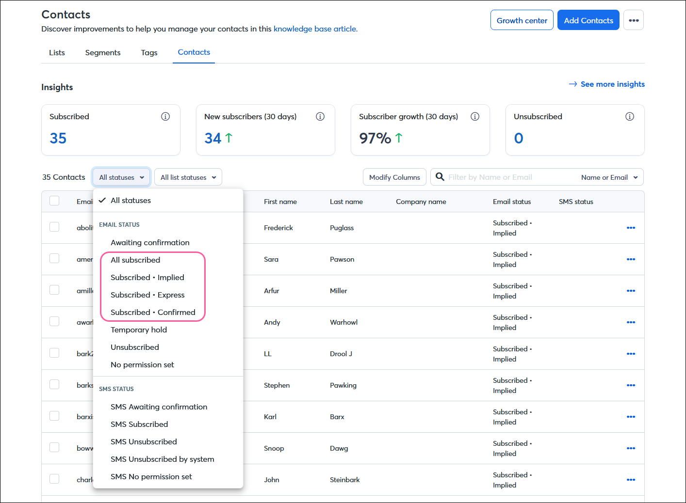 List view with All status menu expanded with Subscribed Implied and Subscribed Express advanced email permission options