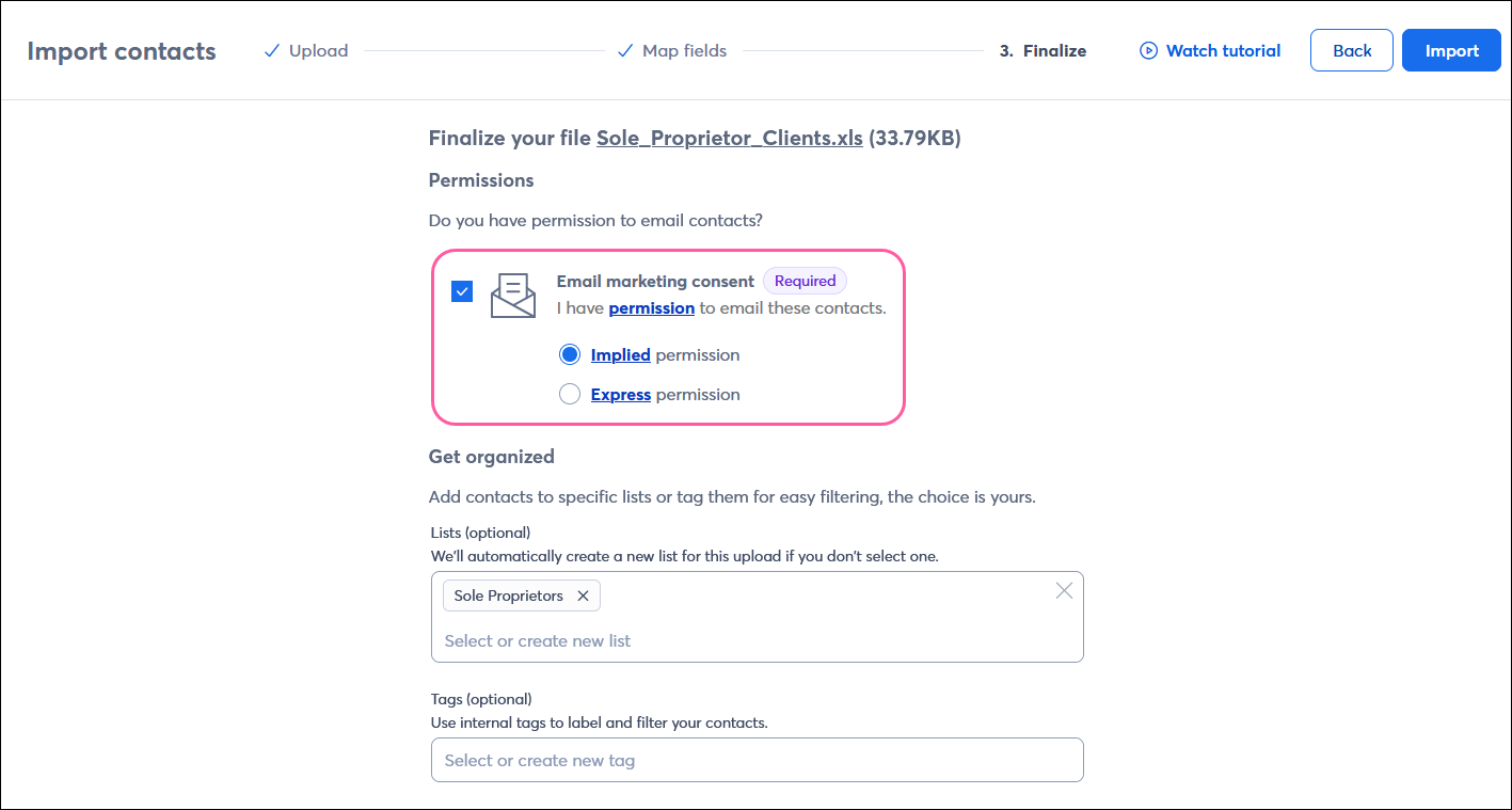 Import contacts Email consent section with implied permission and express permission advanced email permission options
