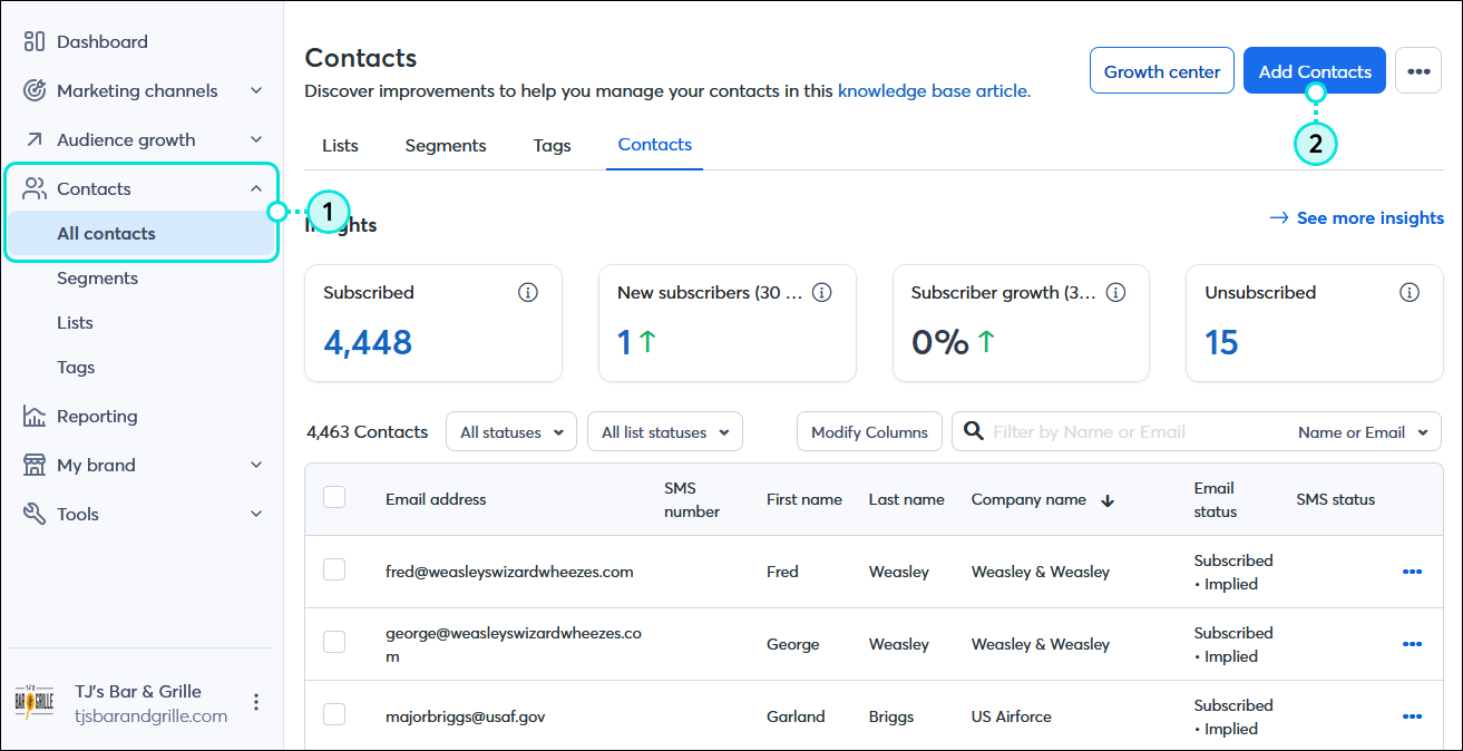 Contacts menu expanded with All contacts option selected, and Add Contacts button