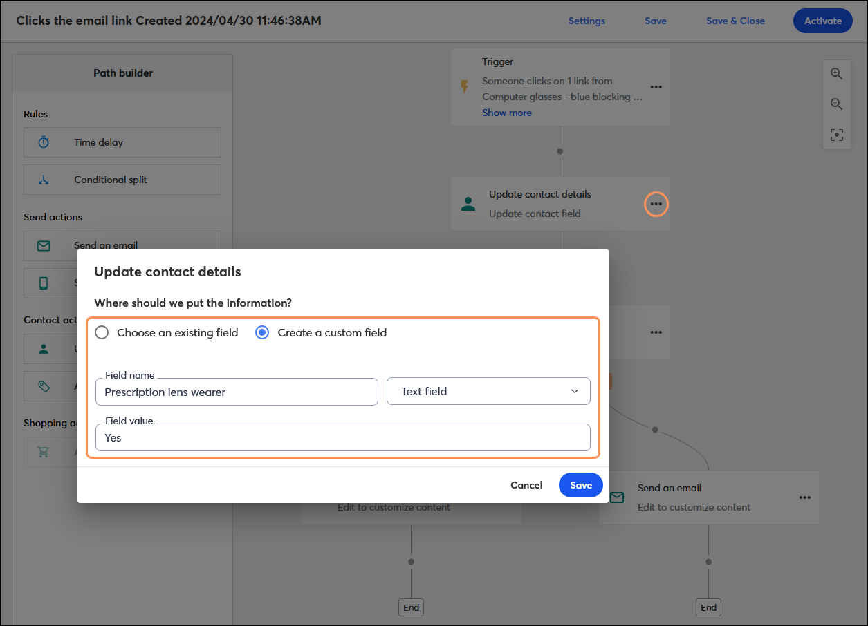 Automation Path Builder with Update contact field overlay and Create custom field option selected