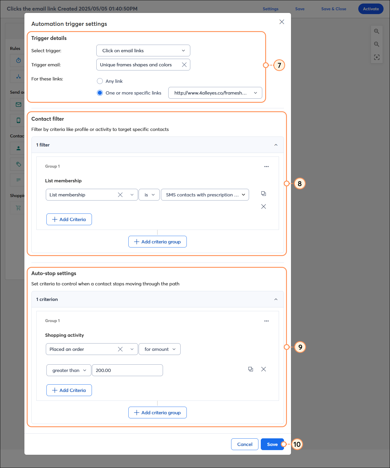 Automation Path Builder with Trigger details overlay for the Clicks an email link trigger, Trigger details section with email and specific link selected, Contact filter section with list membership filter example, and Auto-stop settings section with Shopping activity criterion, and Save button