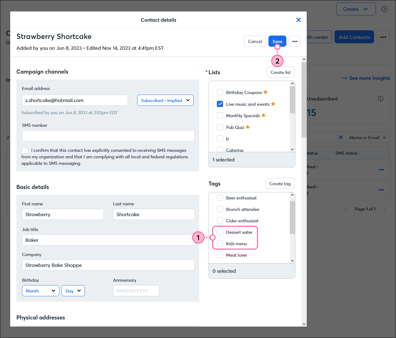 Contact Details overlay, Tags section without any tags selected, and Save button