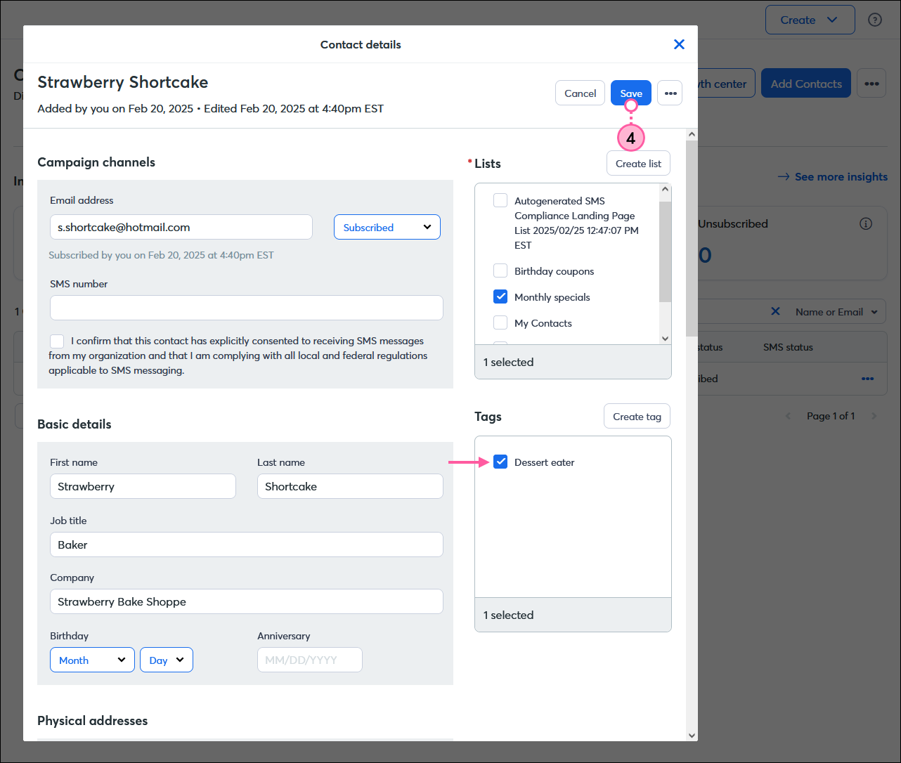 Contact Details overlay, Tags section with new tag selected, and Save button