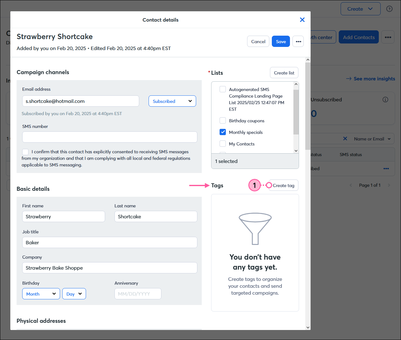 Contact Details overlay, Tags section without any tags, and Create tag button