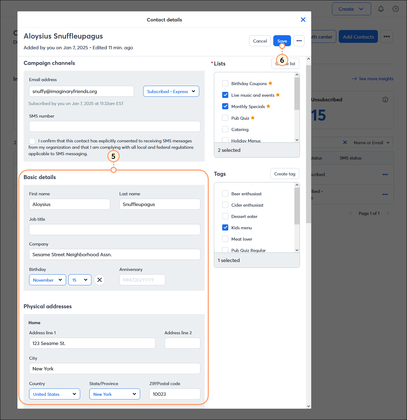 Contact Details overlay in edit mode, Basic details section and Physical addresses section, and Save Button