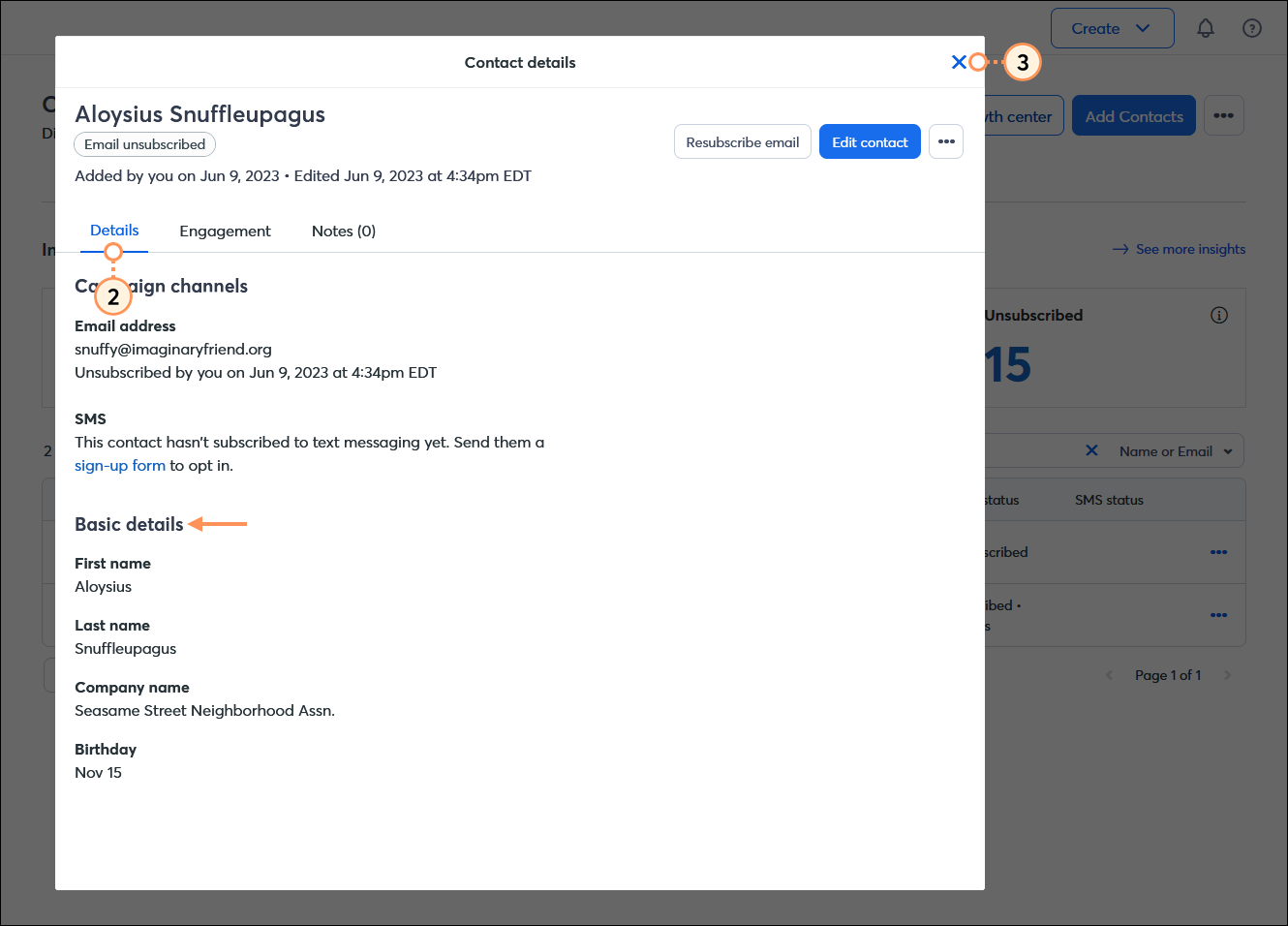 Contact Details overlay, Details tab selected, Basic details section with First name, Last name, and Company name, and Close button