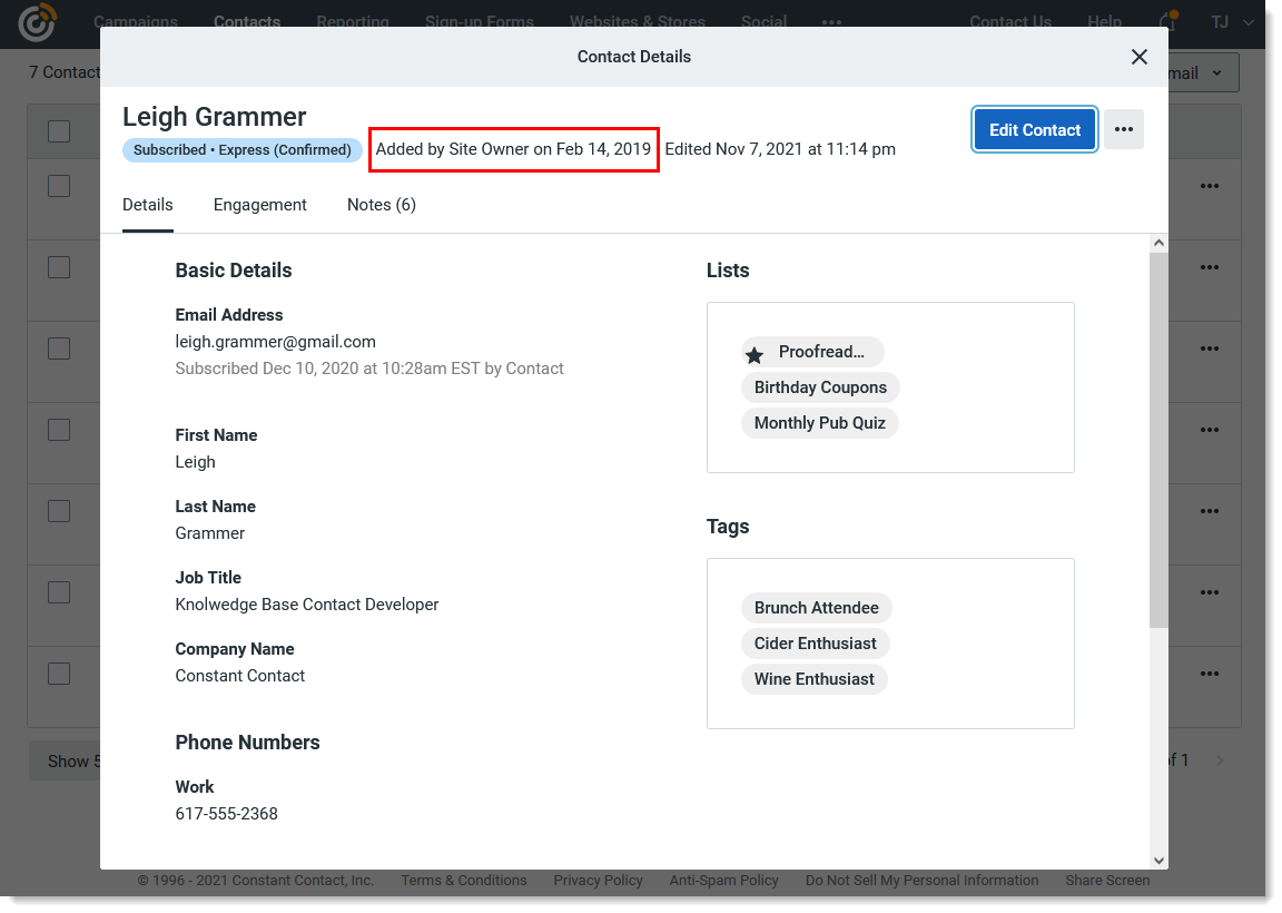 Contact Details overlay, Details tab selected, and "Added by Site owner" information