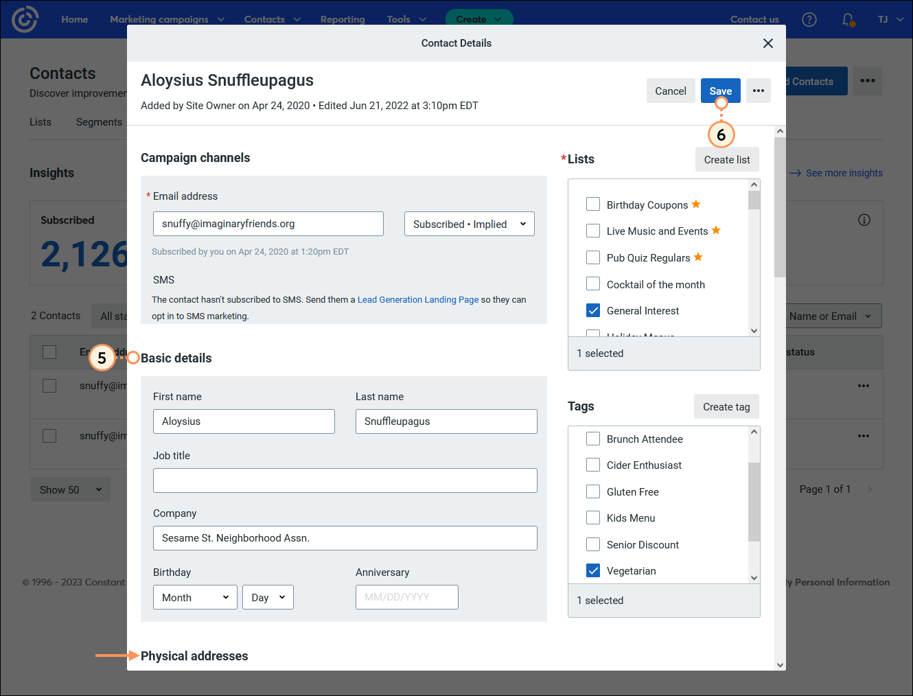 Overlay Kontaktdetails im Bearbeitungsmodus, Felder für Basisinformationen und Schaltfläche Save (Speichern)