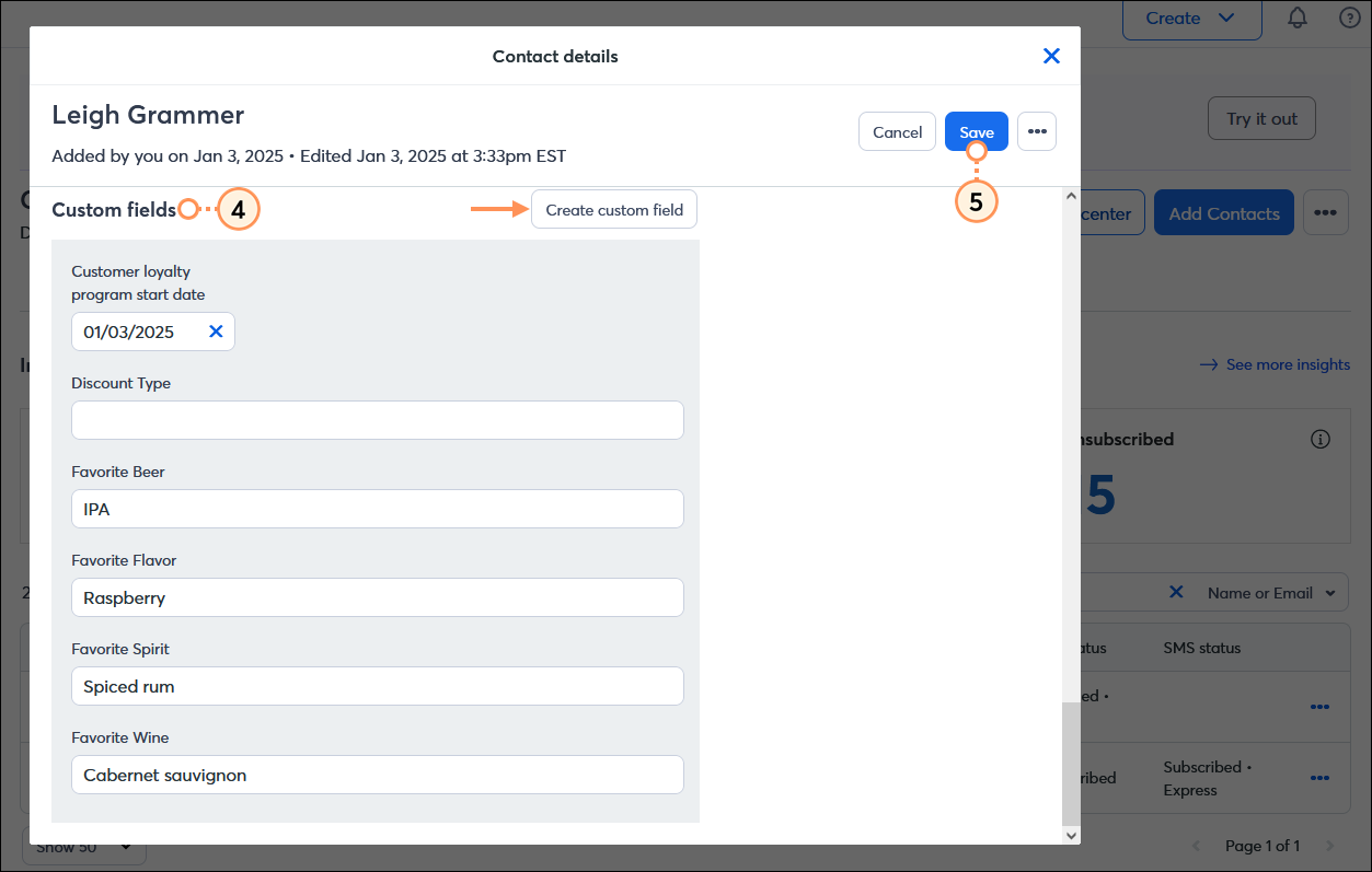 Contact Details overlay, Custom fields section with multiple contact details, Create Custom Field button, and Save button