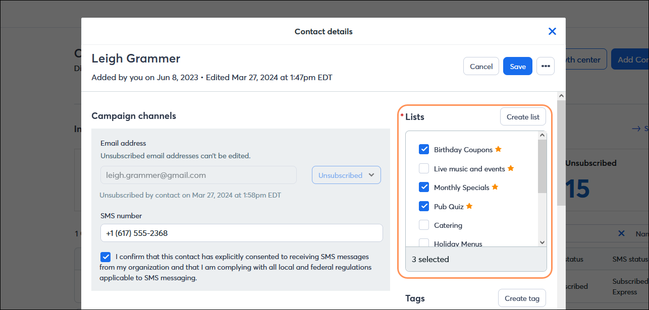Contact Details overlay in edit mode, with Lists section and favorite lists at the top