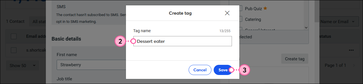 Create tag overlay with Tag name field and Create button