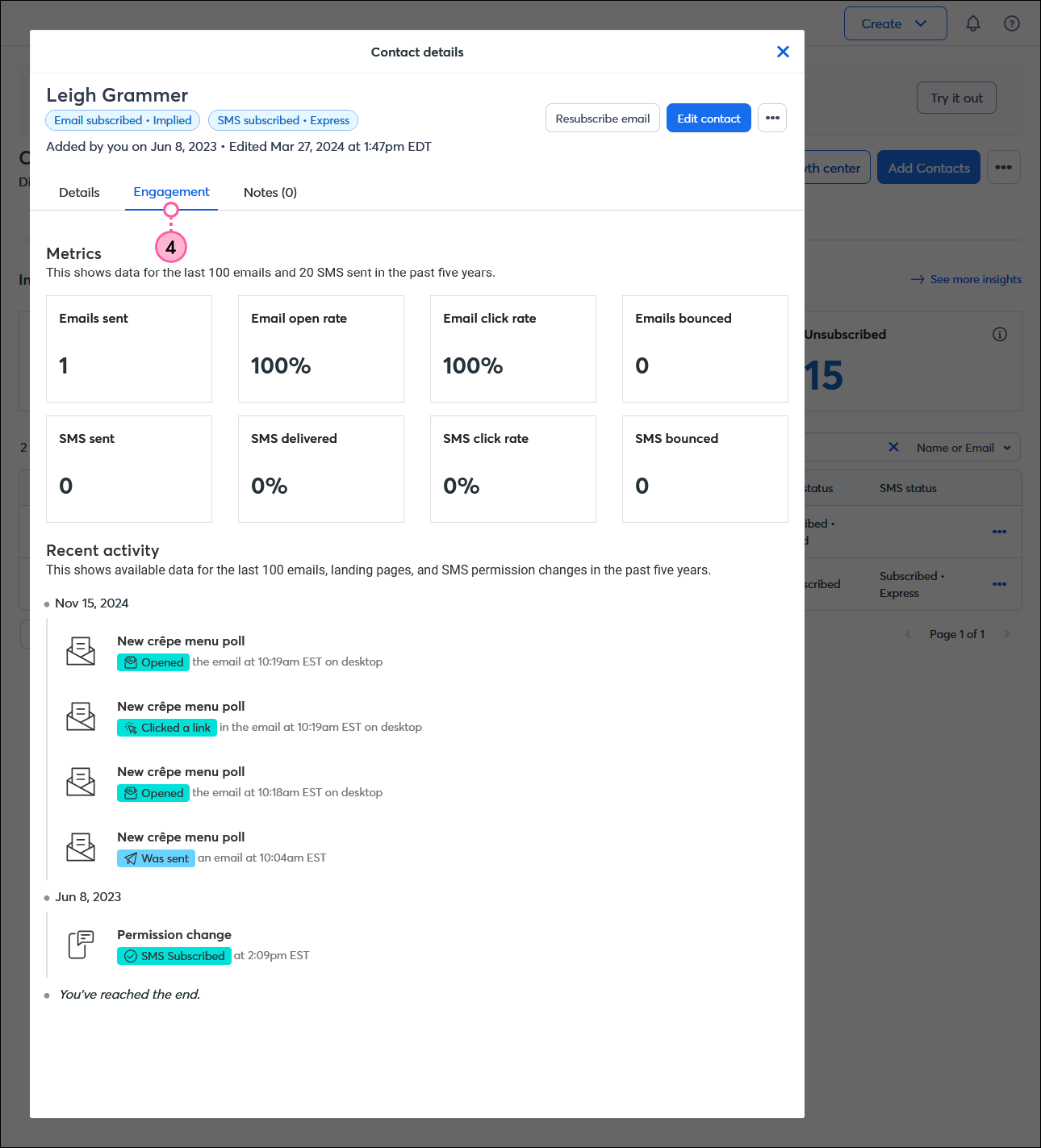 Contact Details overlay, Engagement tab selected, Metrics section with Email sends, opens, clicks, and bounces, and SMS sends, deliveries, clicks, and bounces, and Recent activity section
