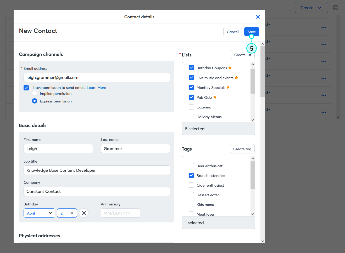 Contact Details overlay, Basic Details section and permission options, Lists options, Tags options, and Save button