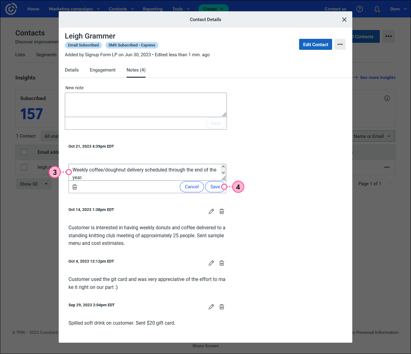 Contact Details overlay, Notes tab selected, with edit note field and Save button