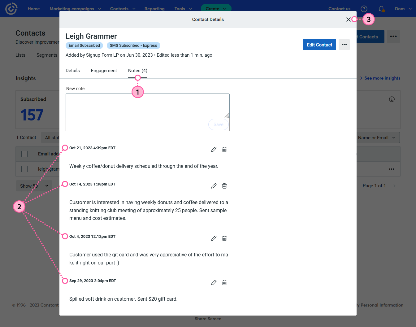 Contact Details overlay with time and date stamped notes, and Close button