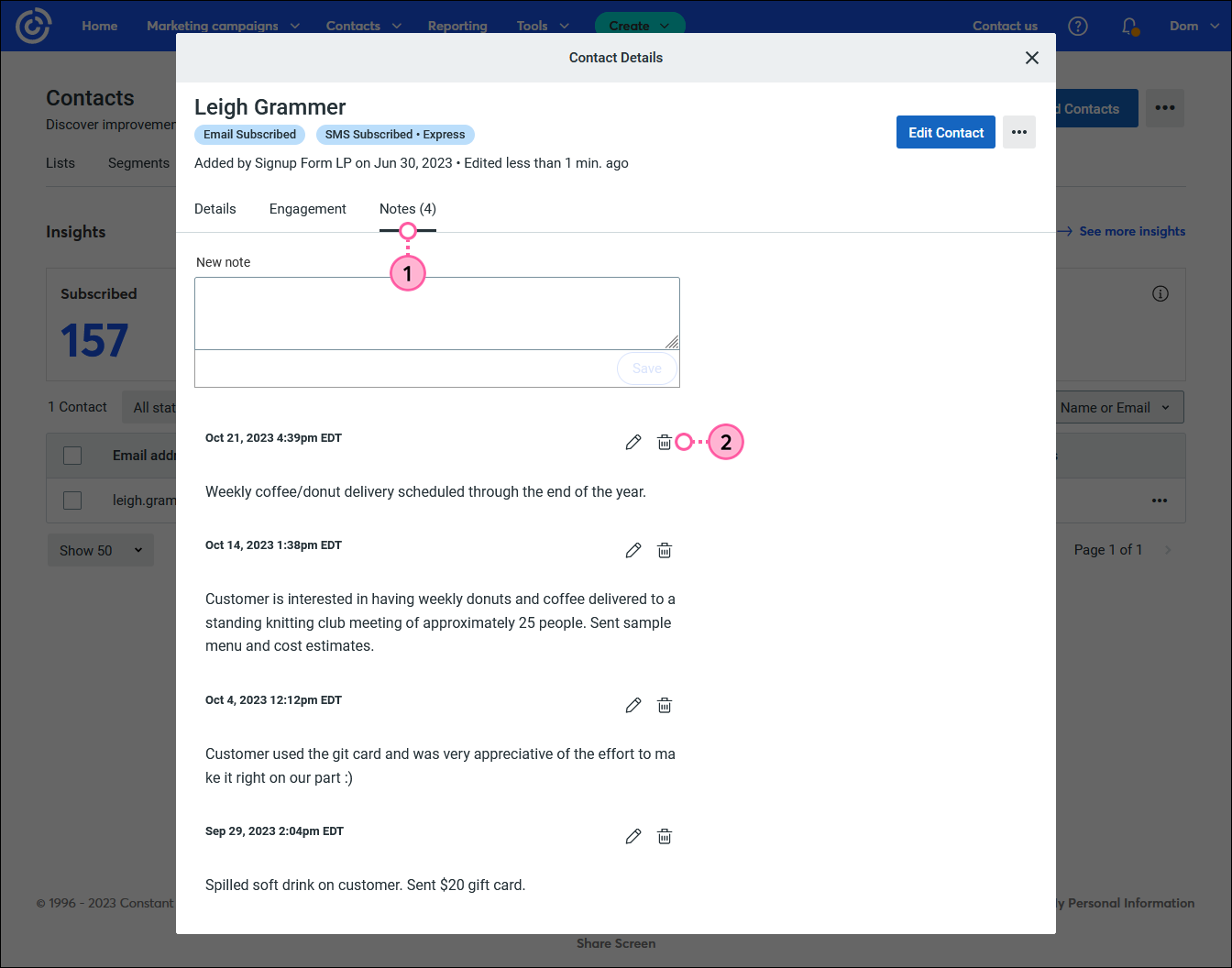 Contact Details overlay, Notes tab selected, multiple notes, and Delete icon