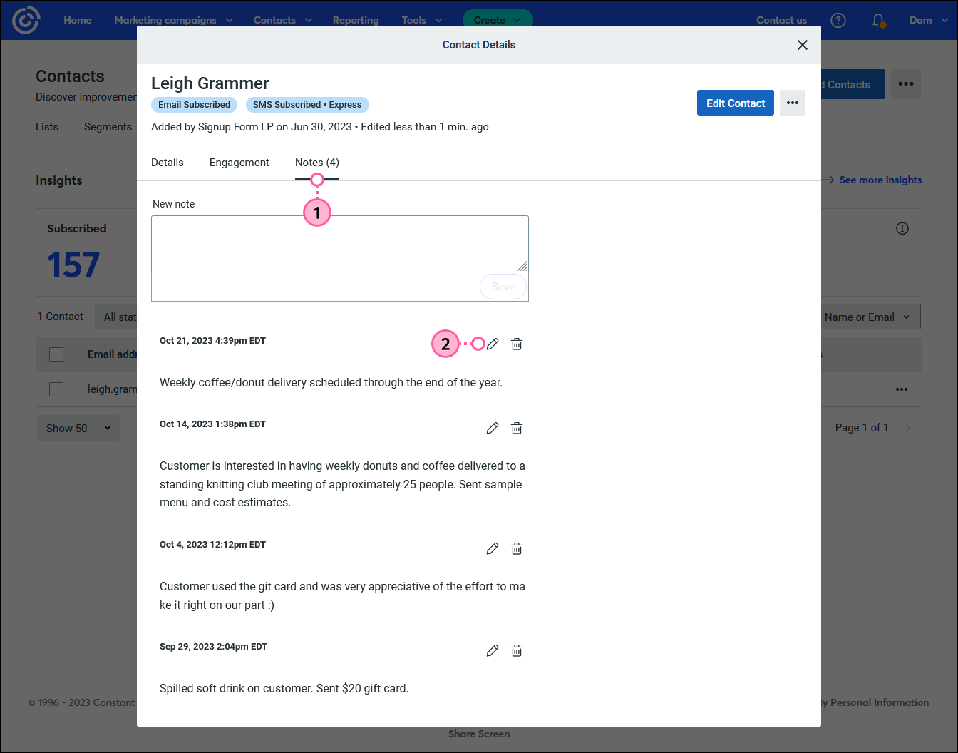 Contact Details overlay, Notes tab selected, multiple notes, and Edit icon