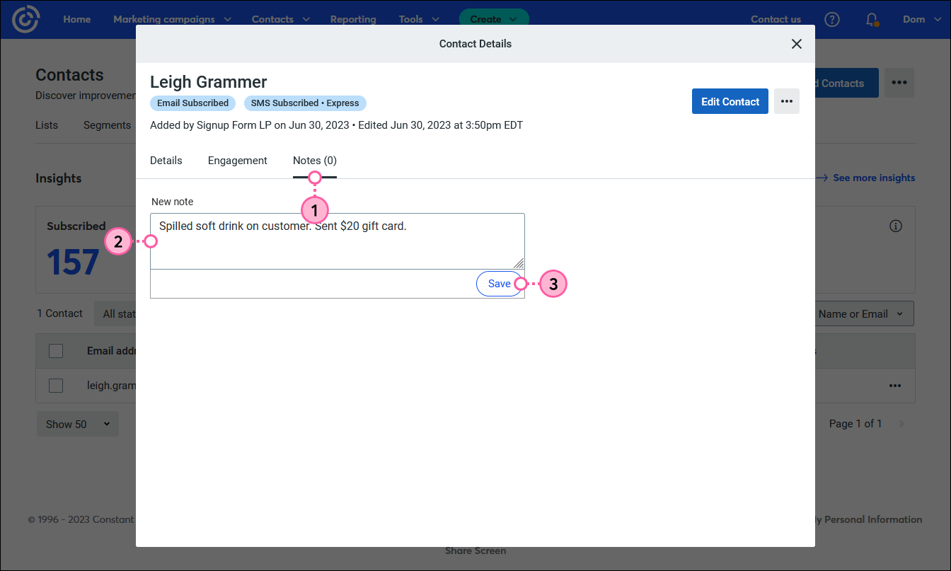 Contact Details overlay, Notes tab, New note field and Save button