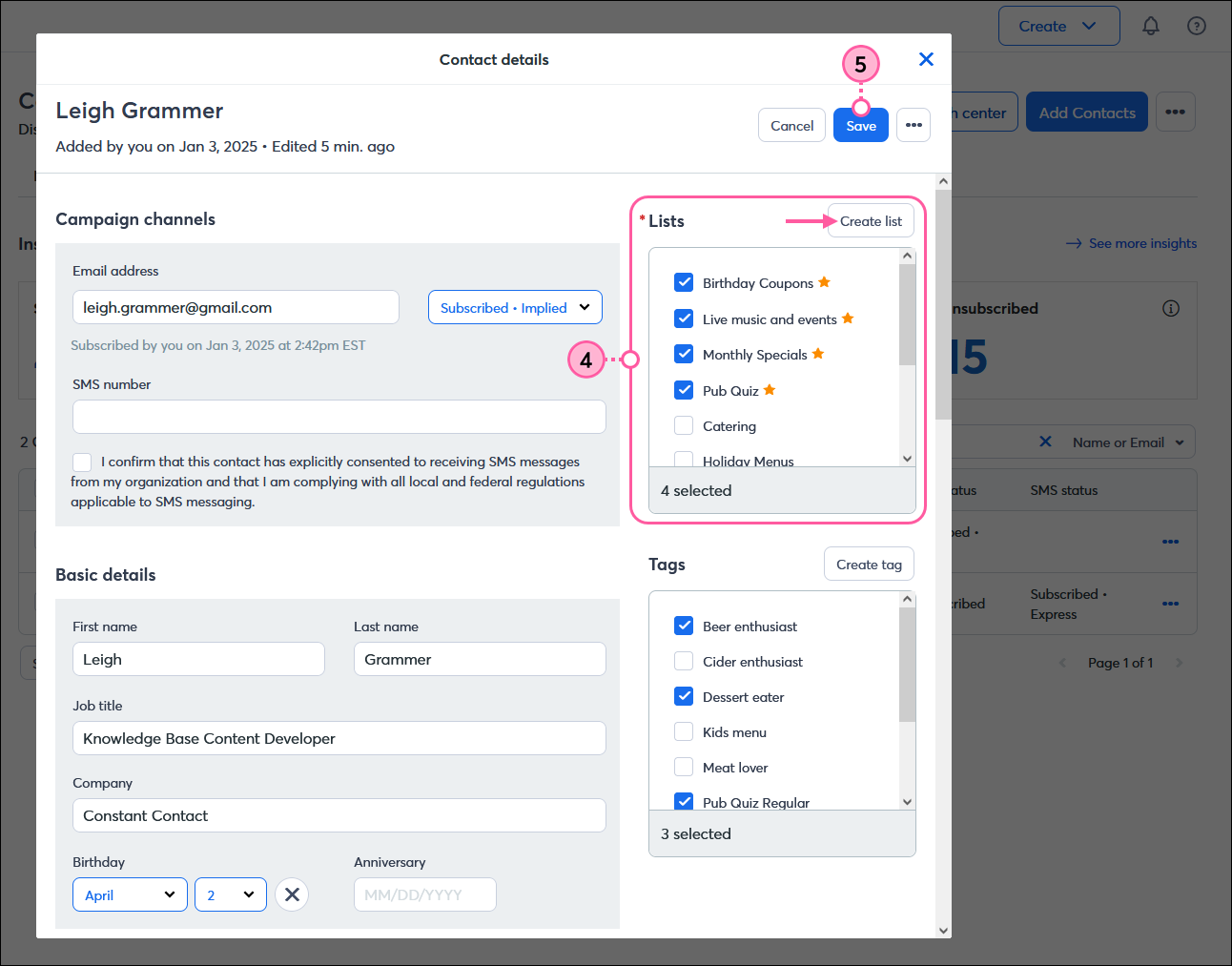 Contact Details overlay, List section with Create list button, and Save button