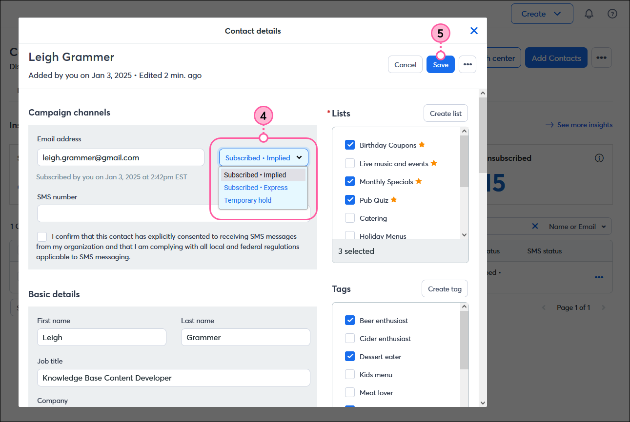 Contact Details overlay, Campaign channels section with Email Permission drop-down menu expanded and Subscribed - Express option selected, and Save button