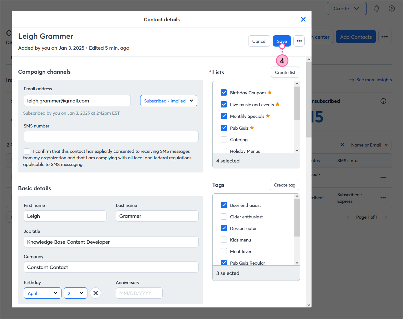 Contact Details overlay with Campaign channels, Basic details, Lists, and Tags options, and Save button