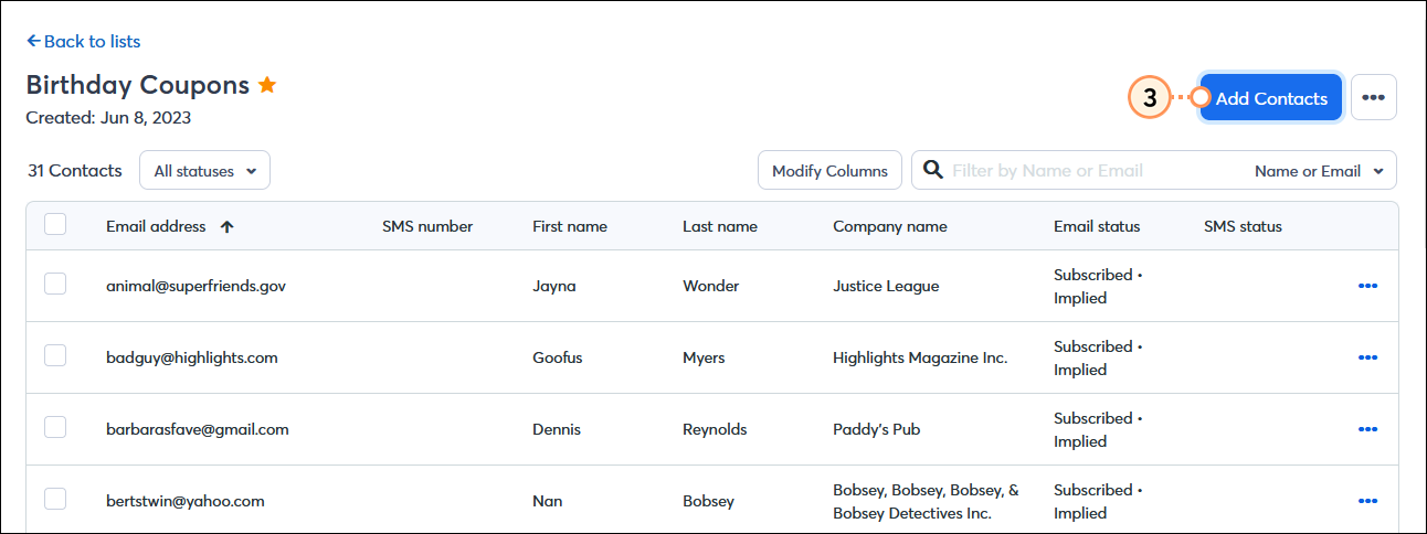 List view with Add contacts button