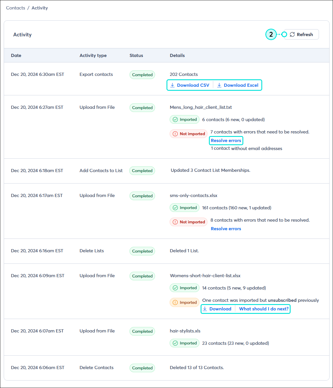 Activity page with Refresh Button, Download CSV and Download Excel links, and Resolve errors link