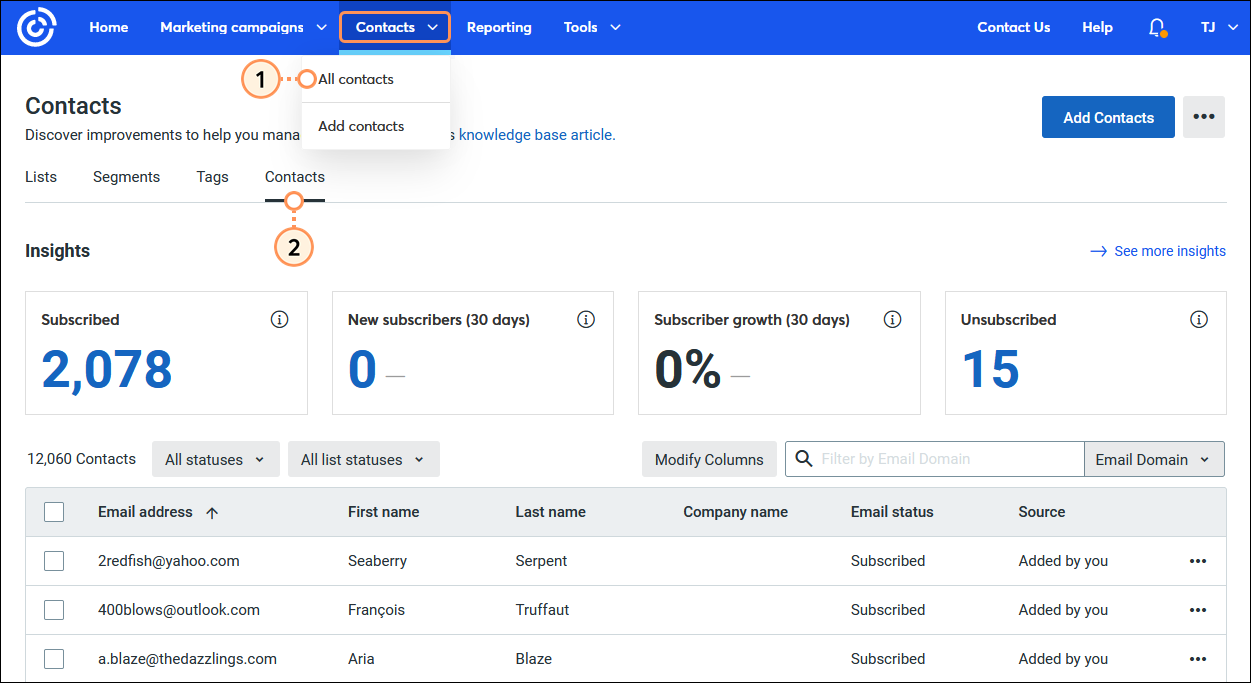 Dropdown-Menü "Contacts" (Kontakte) und Option "All contacts" (Alle Kontakte) ausgewählt.