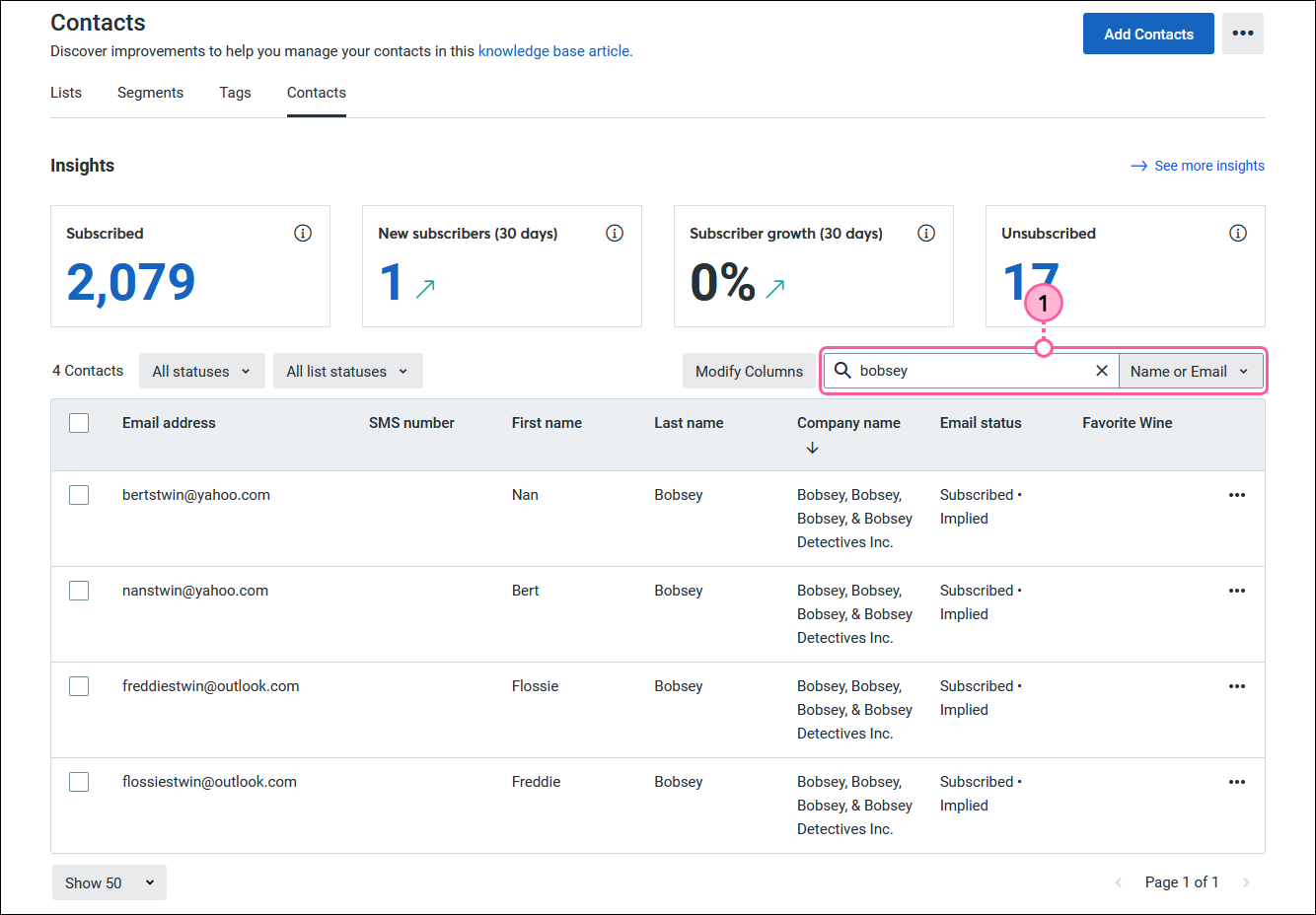 Contacts dashboard with Contacts tab selected, Search field and search results