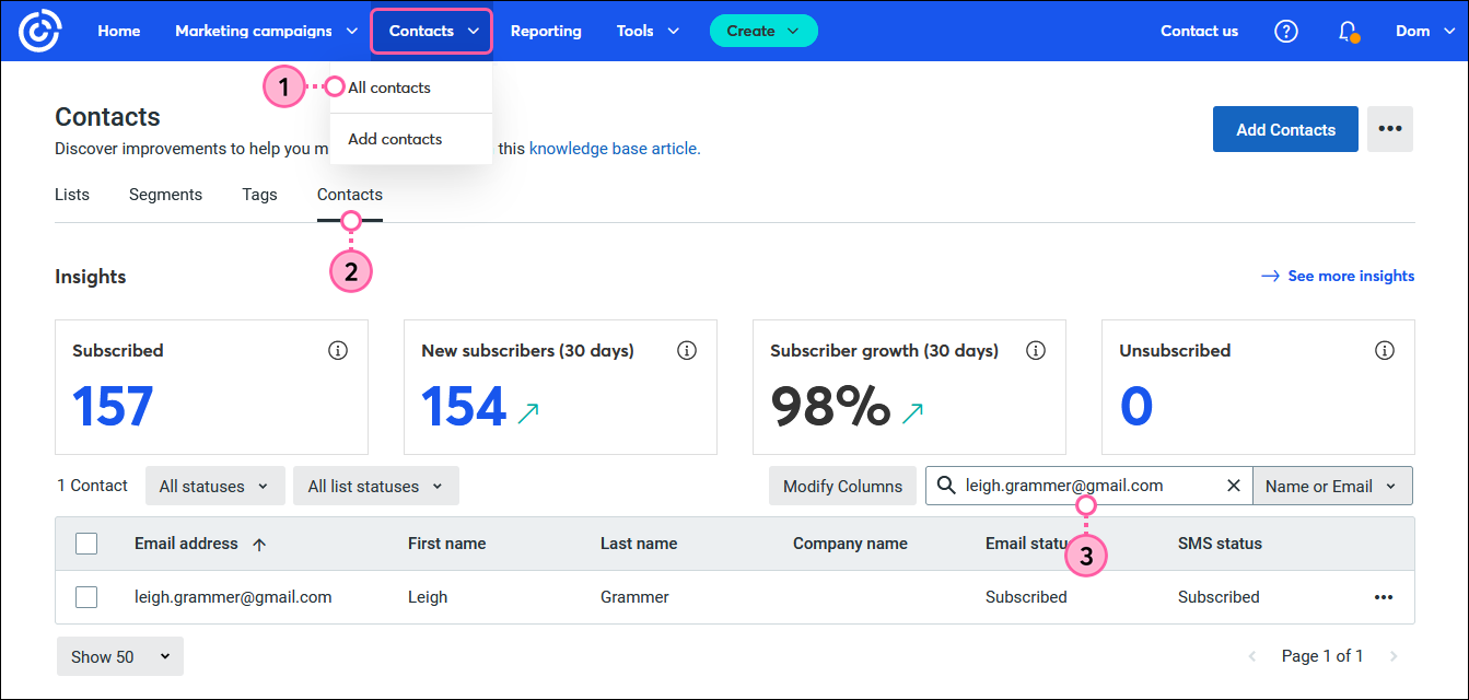 Contacts menu expanded and All contacts option selected, Contacts tab selected, Search field with email address and search results