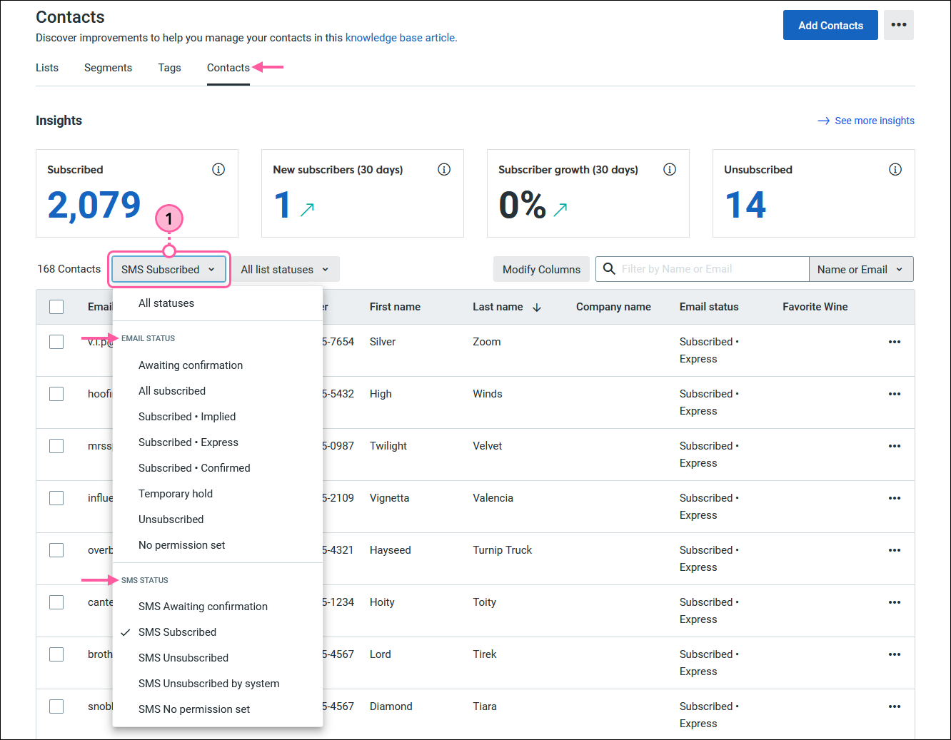 Contacts drop-down menu with All contacts option selected, Contacts tab selected, and Contact Status drop-down menu expanded