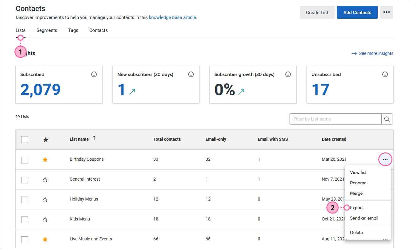 Contacts dashboard with Lists tab selected, list menu expanded and Export option selected