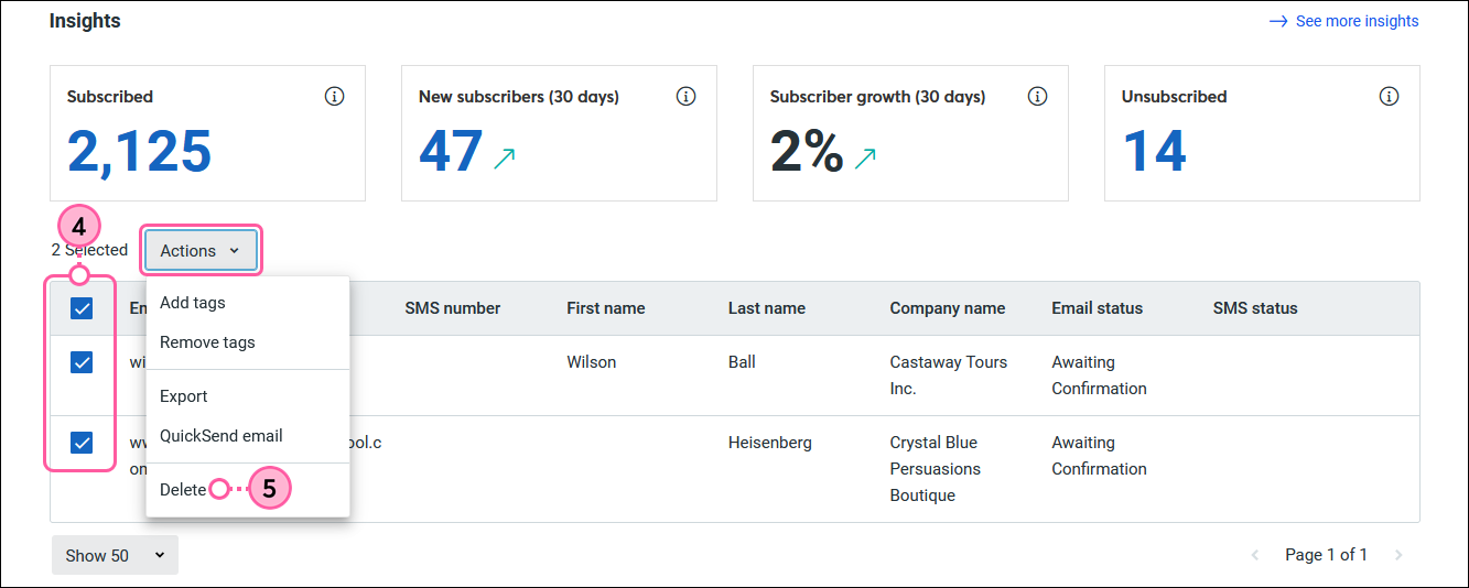 Registerkarte Kontakte, alle zu bestätigenden Kontakte ausgewählt, Dropdown-Menü Aktionen erweitert und Option Löschen ausgewählt