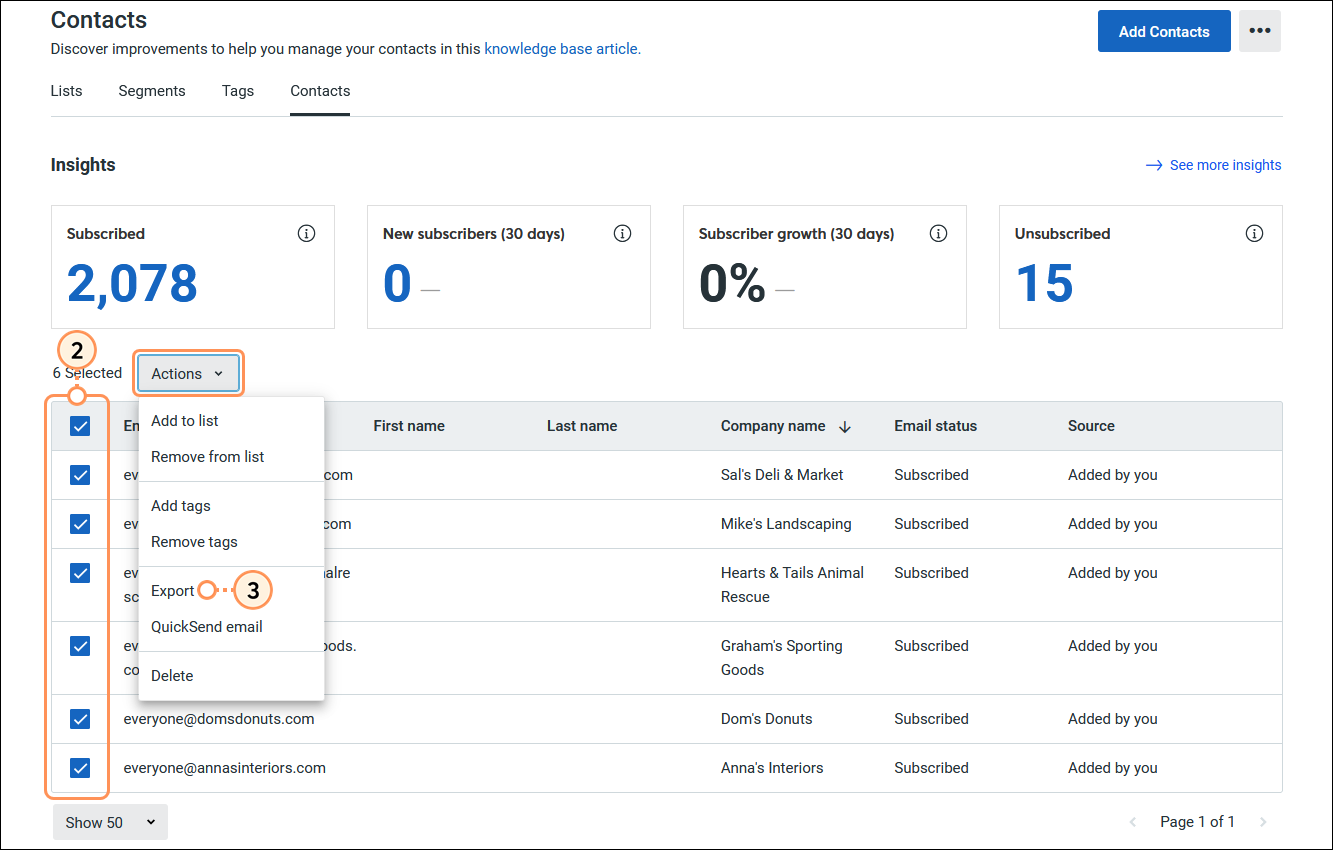 Search results selected, Actions drop-down menu expanded, and Export option