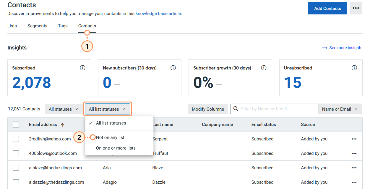 Contacts tab, Contacts tab selected, All list statuses drop-down menu, and Not on any list option selected