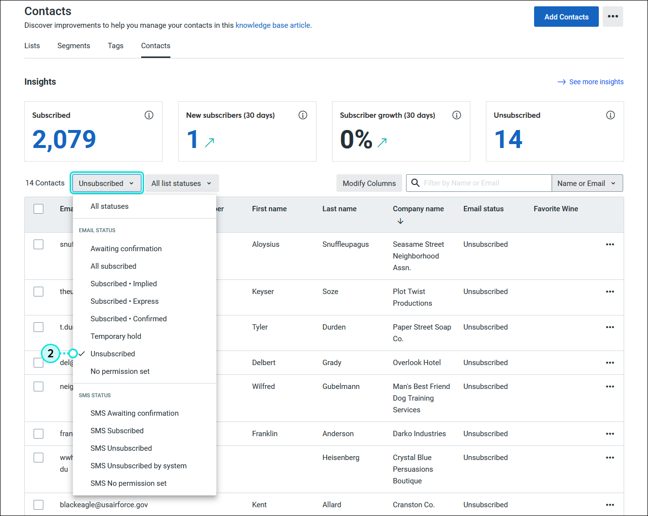 Contacts drop-down menu and All contacts option selected, Contacts tab selected, and All statuses drop-down menu expanded with Unsubscribed option selected