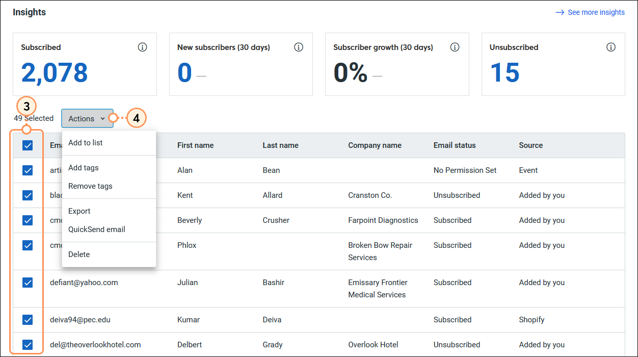 Not on any list results with contacts selected, Actions drop-down menu expanded with Add to list, Add tags, Remove tags, Export, QuickSend email, and Delete options