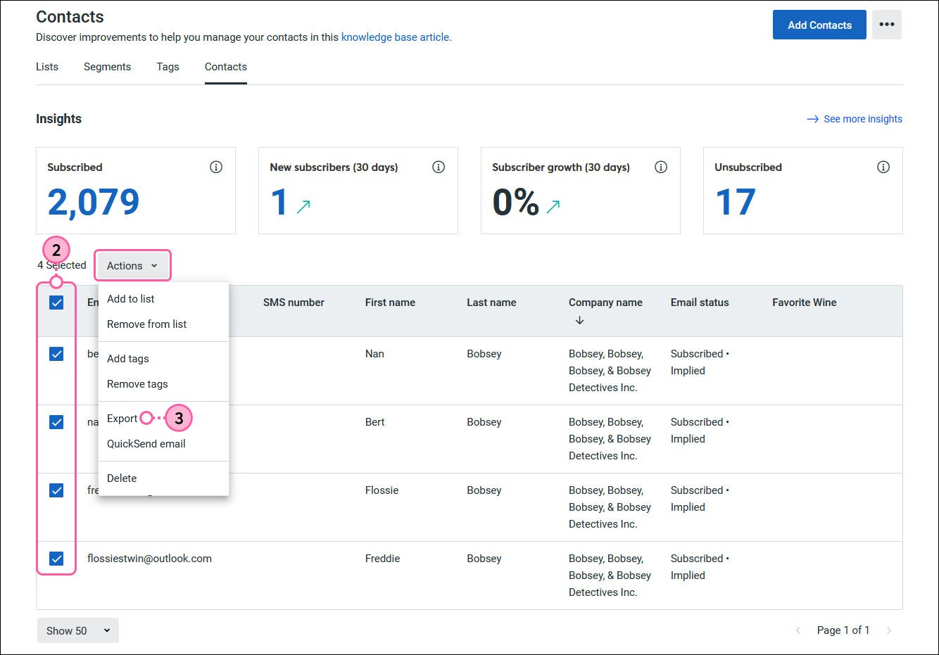 Contacts tab, Contacts tab selected, all search results selected, Actions drop-down menu expanded, and Export option