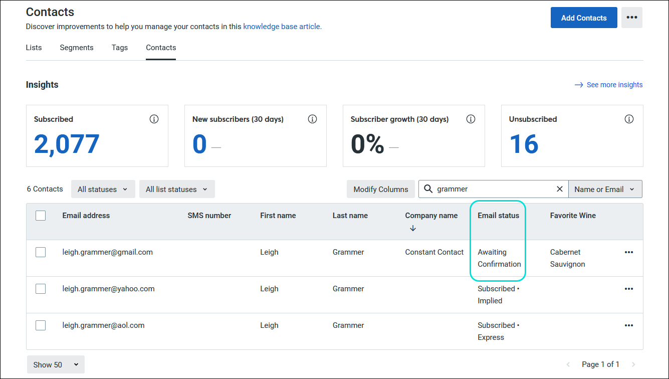 Contacts tab and Contacts tab selected, Search field and results with contact in Awaiting Confirmation status