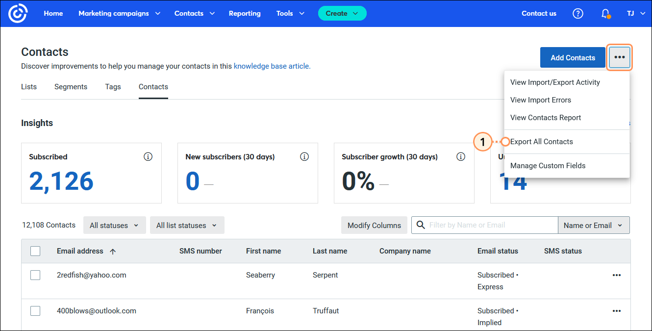 Registerkarte Contacts (Kontakte) mit der Option All contacts (Alle Kontakte) ausgewählt, Registerkarte Contacts (Kontakte) ausgewählt, Overflow-Menü erweitert und Option Export All Contacts (Alle Kontakte exportieren) ausgewählt