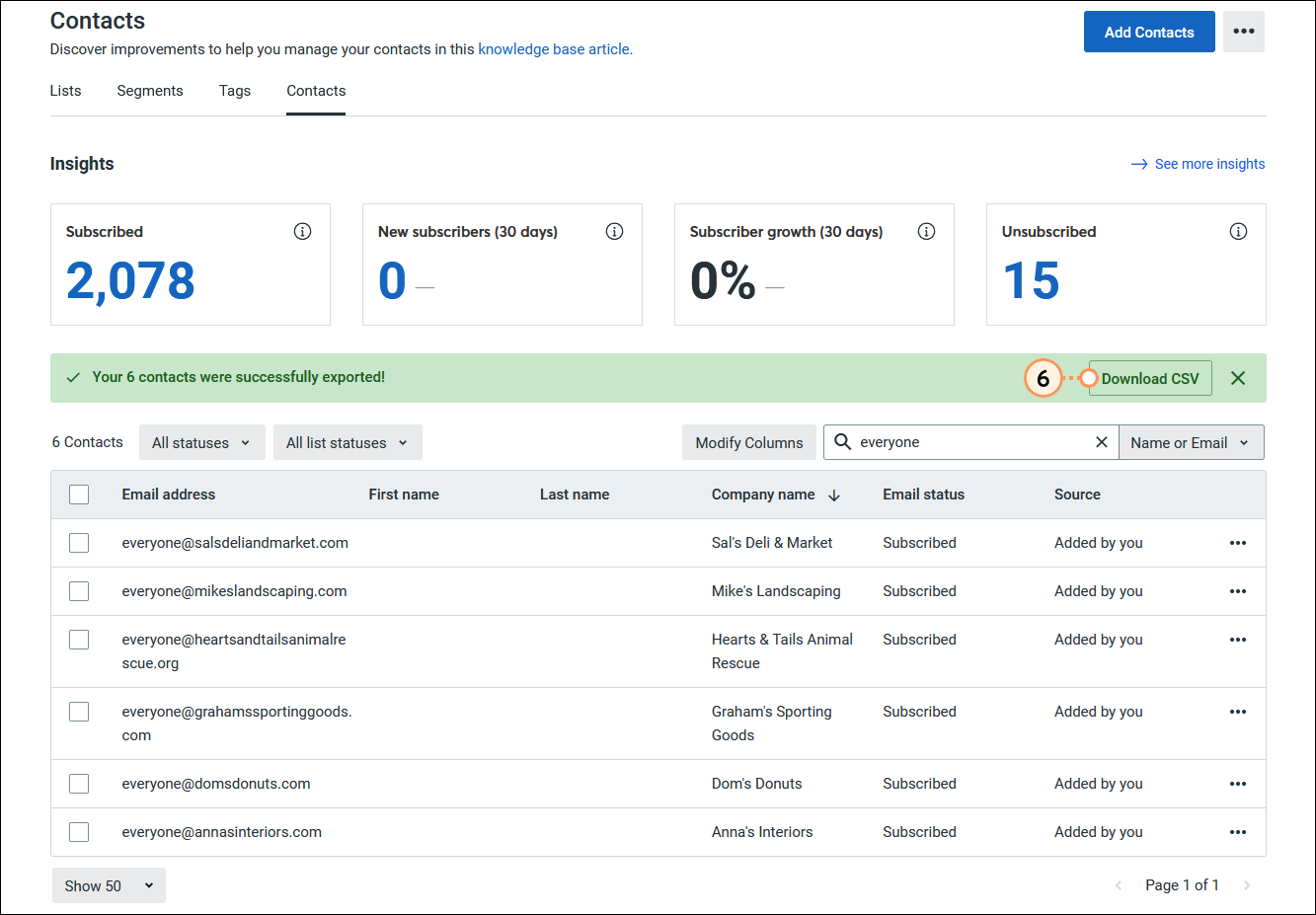 Your contacts were successfully exported banner with Download CSV button