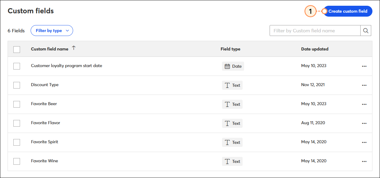 Manage Custom Fields overlay with existing custom fields