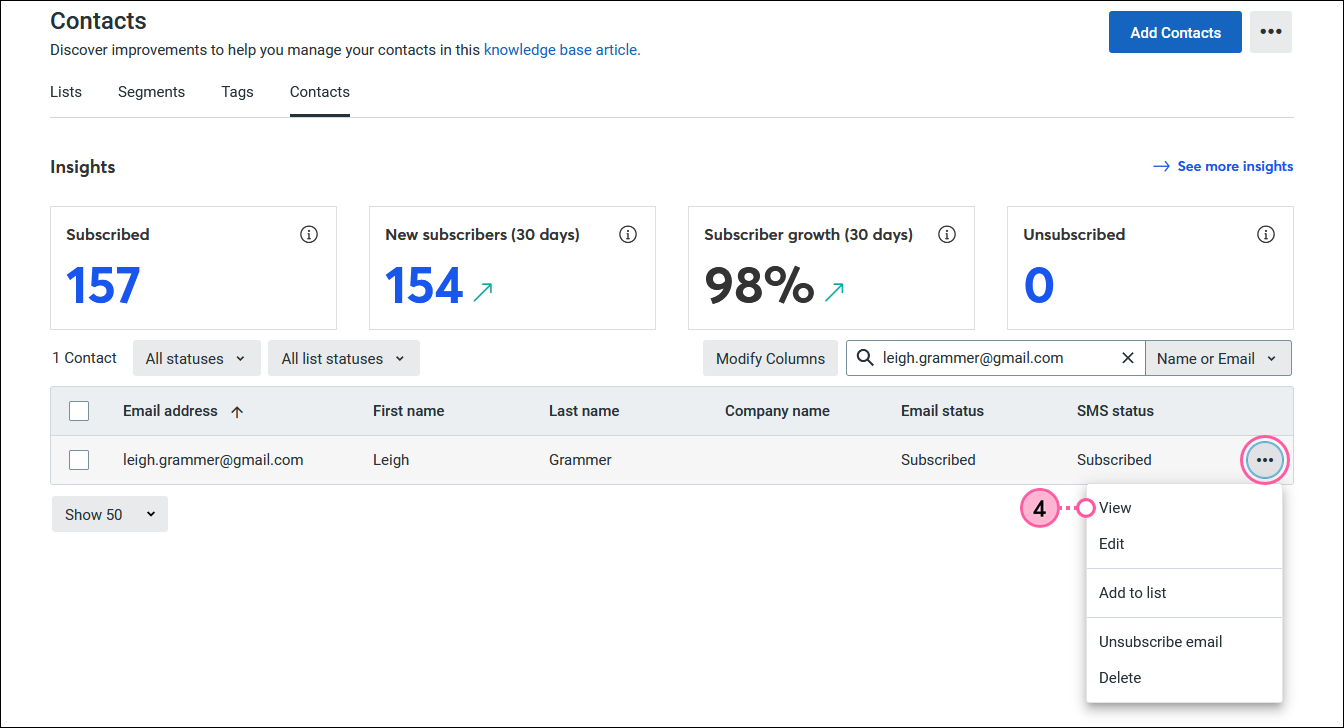 Contacts dashboard with Contacts tab selected, Search field, search results, Contact menu expanded and View option